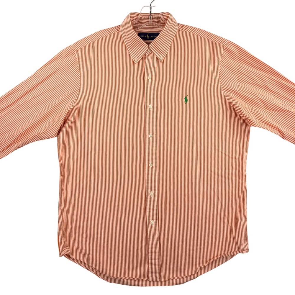 Ralph Lauren Button Down Shirt Men Large White Orange Striped Cotton Long Sleeve - Picture 7 of 12